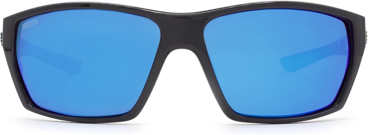 Calcutta Calico Sunglasses Shiny Black Frame Blue Mirror Lens