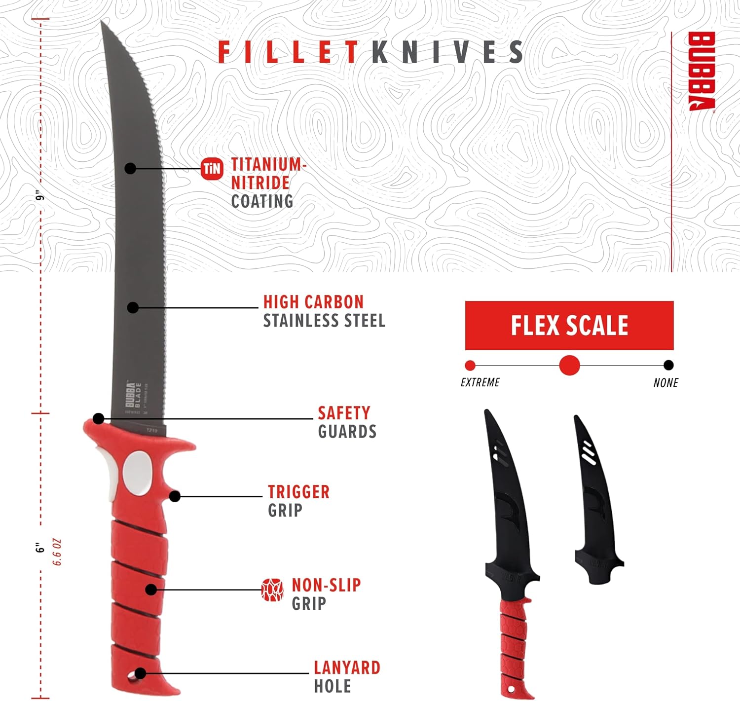 Bubba 9" Serrated Flex Knife with Non-Slip Grip Handle and Sheath