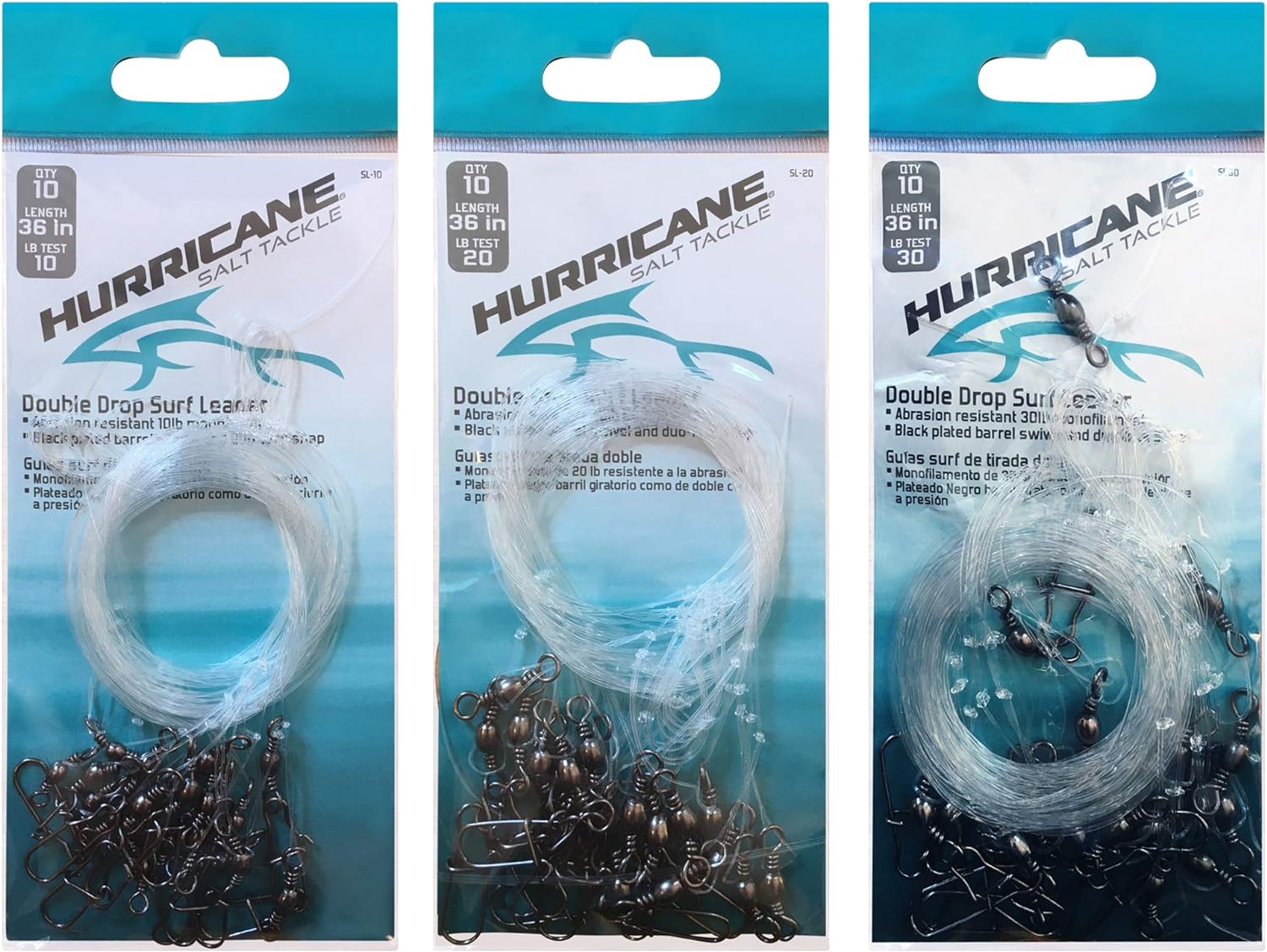 Hurricane Surf Fishing Leader Bundle - 10 Pound Double Drop Surf Leader, 20 Pound Double Drop Surf Leader, and 30 Pound Double Drop Surf Leader