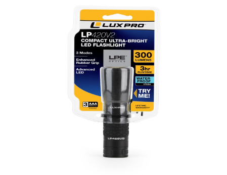 LuxPro LP420V2 300 Lumen LED Flashlight, 3xAAA Included, 3-Modes