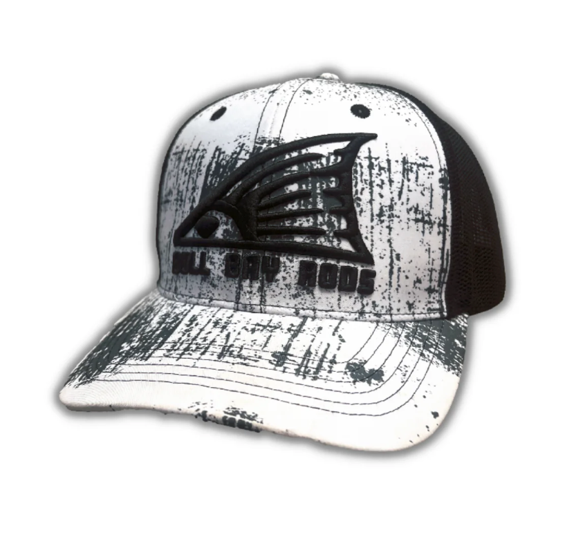 Bull Bay Rods Ripped Series BBR Soft Mesh Trucker Hat Gray & White Redtail Logo