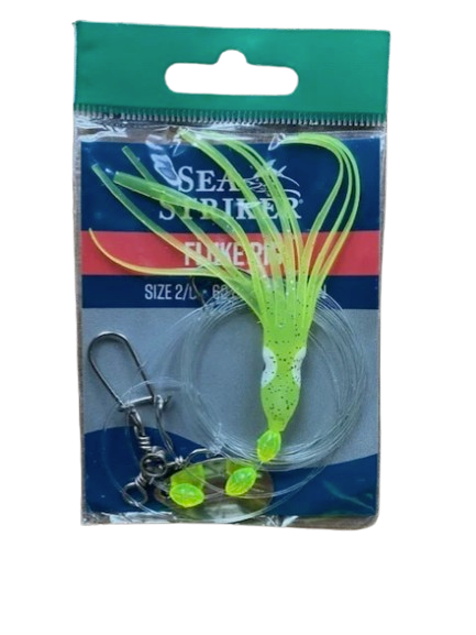 Sea Striker Fluke Flounder Hoochie Rig, Size 2/0, 40lb Leader, Chartreuse