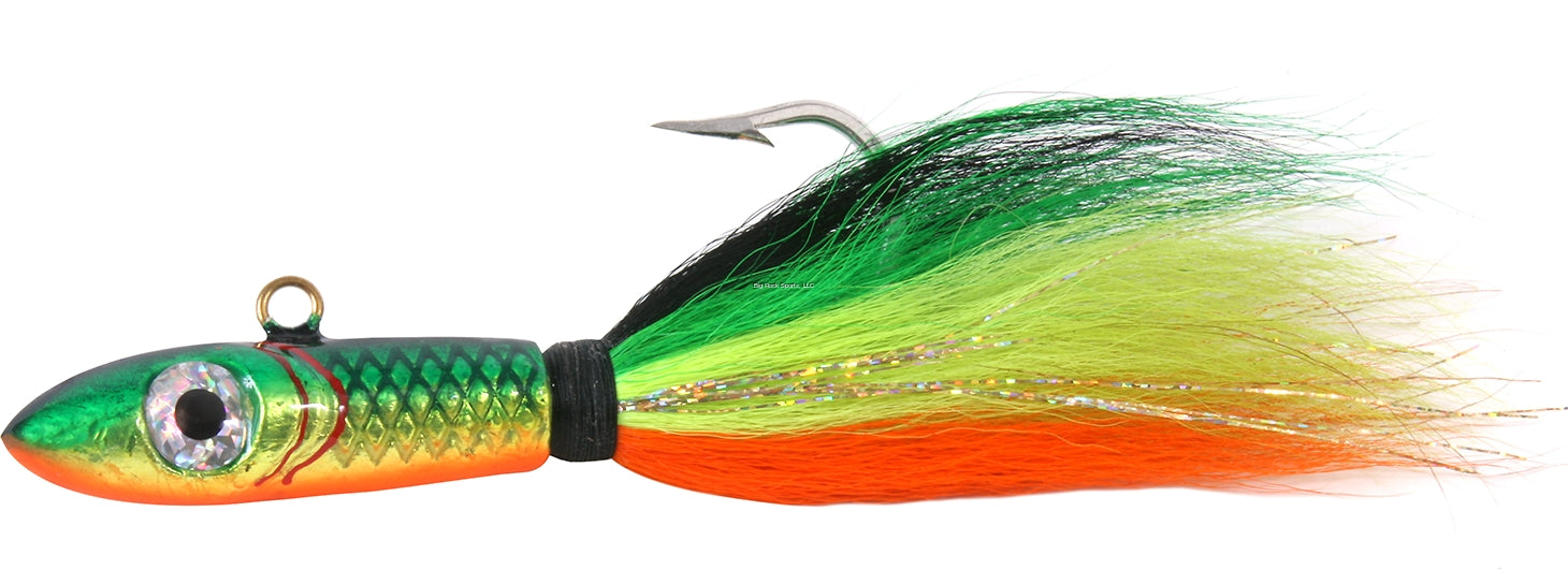 Sea Striker Bucktail Big Game Jig with Rattle/Grub Keeper, 6oz, 9/0, Firetiger